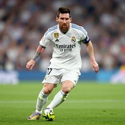 leonel messi as a real madrid football player, photograph, football field, shallow depth of field, sharp focus, intricate details, 8 k octane render, cinematic, peter mckinnon style