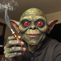Gollum with red eyes smoking blunt selfie