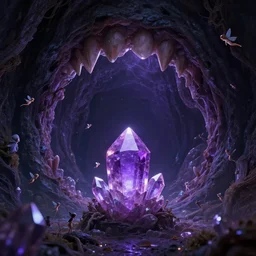 gaping mouth of a monster leading to a portal to another dimension with lots of tiny fairies and a giant purple crystal, beautiful, the dark crystal, immersive, worldly, astounding,