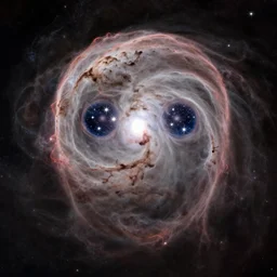 a head - shaped!!!!!!!!!!!!!!!!!!!!!!!!!!! nebula with stars for eyes, photo taken with james webb telescope