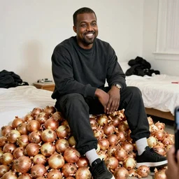 Kanye West smiling as he sits on a big pile of onions in his bedroom, candid photography, photo taken with an iPhone camera