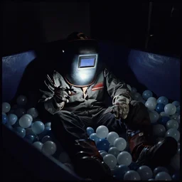 welder in welding mask in a ball pit, ominous lighting, by richard avedon, tri - x pan stock