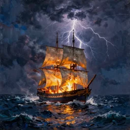 A masterpiece painting of a ship on fire in stormy seas late at night during a lightning storm, by Ivan Aivazovsky