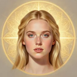 masterpiece head-on symmetrical centered painted portrait, Imogen Poots as a holy warrior, blonde hair, holy light halo, glorious, sacred geometry fractal background, wearing full metal armour, elegant, distant, in the style of Edgar Maxence and Ross Tran and Zdzisław Beksiński and Michael Whelan and Mucha, 8k, octane render