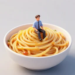 a tiny business man sitting in a huge bowl of spaghetti, artstation, detailed digital art