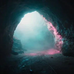 cave, volumetric light, foggy, moody, kodak, slow shutter speed, cyan and pink light
