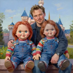 the actor chris pratt sitting beside the doll chucky, disney land as backdrop, oil painting, by greg rutkowski
