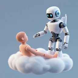 robot with beard on the cloud is touching a human on cloud, transferring new energy, creazione di adamo, classical fresco in the sistine chapel by michelangelo buonarroti
