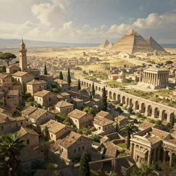 landscape with roman city, houses, temples, aqueduct, temples and pyramids, artstation, an epic fantasy, cinematic lighting, hyper realistic, photographic, sharp focus, by greg rutkowski and alphonse mucha