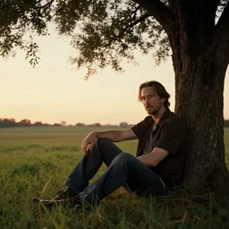 keanu reeves in a field, sitting under a tree during sunset, cinematic, 4 k