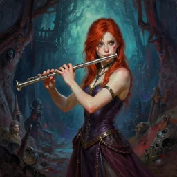A scarred flute girl is exploring the grimdarkest dungeon depths. trending on Pixiv. trending on ArtStation. A vibrant painting. A highly detailed fantasy character illustration by Wayne Reynolds and Charles Monet and Gustave Dore and Carl Critchlow