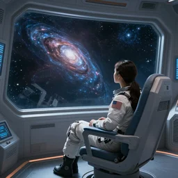 a girl sitting in the command chair of her spaceship looking out across her wide view of the universe, 8k photography