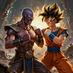 Klingon Man, Klingon, fistfighting Saiyan woman, on an alien planet, wartorn environment, fistfighting, kung fu, digital art