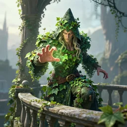 a closeup detailed concept art of a of a powerful wizard casting a magical protection spell in a stone balcony. poison ivy. magic. particles. gopro. morning. trending on artstation, craig mullins, rutkowski