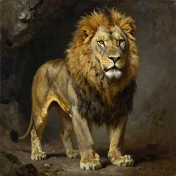 oversized muscular lion as swat human legs full body portrait pose , very textured detailed oil painting by rembrandt , hard backlight , in dark cave