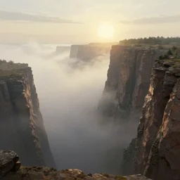enormous dessert cliffs, thick fog with sun behind it, concept art, illustration, highly detailed, artwork, cinematic lighting, hyper realistic, greg rutkowski style painting