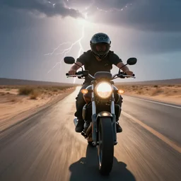 young man riding speeding down a desert road on his motorcycle, driving toward camera, close - up, worms - eye - view, cinematic lightning, dramatic backlight, long lens, bokeh, masterpiece by louis klemantaski and james moy