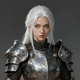 Portrait of a woman warrior wearing heavy armor, white hairs. Eyes are green. Dark fantasy, digital art, HD, detailed.