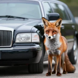 fox animal stood next to a limousine, award winning photograph