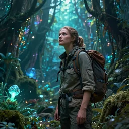 a rugged adventurer, she is surrounded by bioluminescence in a glowing alien jungle, fantasy