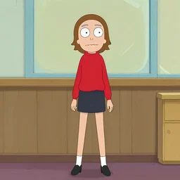 of girl wearing red sweater with short black skirt and high heal shoes in the rick and morty style