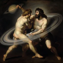 saturn's son devours his father, like in a painting by fancisco goya, but on the contrary, both are in the center, fear, horror, mesmerizing, focus, composition, tragedy, soft light, 8 k detailed painting by francisco goya