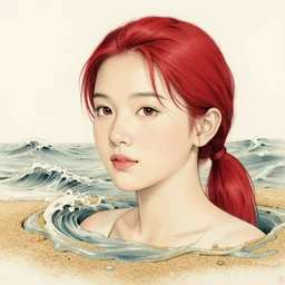 Extremely Detailed and Full Portrait scene of Gooey Ocean scene in ink and refined sand, Red head pigtail anime woman with Red gooeys sauce on her face and shades. Wearing a sundress soaked with cheese and red sauce full body smiling while eating a sloppy cheese burger. The cheeseburger is leaking red sauce all over the place by Akihito Yoshitomi AND Yoji Shinkawa AND Greg Rutkowski, Mark Arian trending on artstation