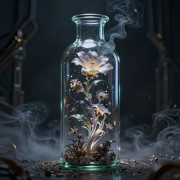 the immortal flower in the bottle, spiral, unreal engine, global illumination, smoke, detailed and intricate environment, mysterious, in the style of aetherpunk