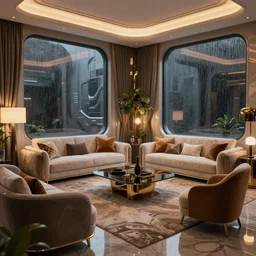 cyberpunk futuristic 3 5 mm photo of a tastefully decorated living room with luxurious furnishings and a mix of futuristic and modern furniture, decor, windows, raining outside, atmospheric lighting, highly detailed