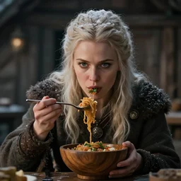 cinematic shot epic portrait an beautiful woman viking eating food from a wooden bowl, majestic face, cabin backround, snowy hair, broad light, ambient occlusion, volumetric light effect, made by ivan aivazovsky, peter mohrbacher, greg rutkowski, matte painting, trending on artstation, 4 k, perfectly defined features, digital painting, cinematic, epic, highly detailed,