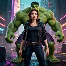 cyberpunk angelina jolie as she hulk standing on a cyberpunk street with neon lights, cyberpunk 2 0 7 7, detailed, portrait