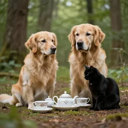 golden retriever and a black kitty having a tea party in the forest