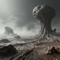 hr giger alien planet surface, strange organic rocks with veins, mist, aatmospheric