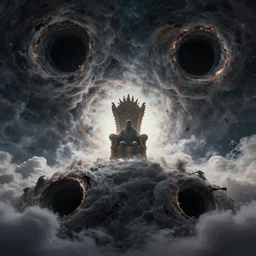 explode through the mysterious black holes, deep walk through the outer zone without a phone to the unknown to sit on my throne alone, by greg rutkowski, rodney matthews and artstation, epic atmosphere, clouds, photorealism, complex color scheme, uhd