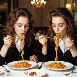 the bogdanoff twins eating pasta with plungers instead of forks in a fancy italian restaurant in the style of zdzisław beksinski