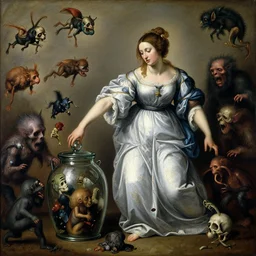 a painting of pandora opening her jar, releasing monsters and critters that impersonate sickness and death, misery, she is fully dressed, her face is beautiful, in the style of realism and a masterpiece by artemisia gentileschi, artemisia gentileschi, james jean, and egon schiele, critters flying around, the jar is clearly visible