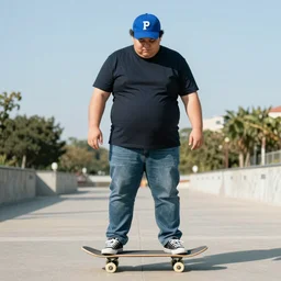 very obese man with a t-shirt and blue cap with the letter P, skateboarding