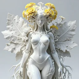 intricate hyper detailed ultra sharp 3 d render of a beautiful smooth white porcelain seductive cyborg woman portrait, medium shot portrait, bright light, alexandre ferra mecha, haute couture deeply cyberpunk art nouveau huge white fractal mycelum and fungi light yellow blooms head ornaments, big embroidered leaves filigree spreaded roots, octane render, volumetric cinematic lighting, 8 k, vray tracing