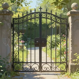 beautiful digital painting high quality clear of wrought iron garden gate with a tranquil garden in the background and stone ground Chiho Aoshima,, artstation behance