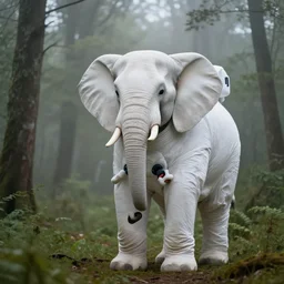giant elephant in white spacesuit as astronaut elephant in the woods, foggy mood, overcast bokeh