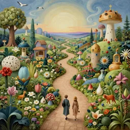 a whimsical matte painting of a winding path through magic worlds, the garden of earthly delights by heironymous bosch, vast surreal landscapes and horizon by asher durand and cyril rolando and natalie shau, insanely detailed and intricate, elite, masterpiece, elegant