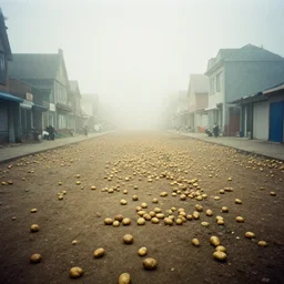 Beautiful Liminal Grainy foggy disposable-camera Photograph of a infinite infinite infinite Town with many potatoes potatoes potatoes potatoes on the floor
