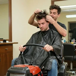 man getting a haircut from a lawnmower, comedy, weird, stock photo