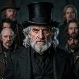 A fancy portrait of a grey hair old halfling with no beard and green eyes wearing a black top hat and suit by Greg Rutkowski, Sung Choi, Mitchell Mohrhauser, Maciej Kuciara, Johnson Ting, Maxim Verehin, Peter Konig, Bloodborne, 8k photorealistic, cinematic lighting, HD, high details, dramatic, dark atmosphere, trending on artstation