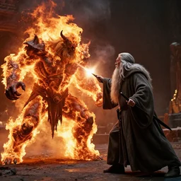 still frame from a movie of only two character visible,  Gandalf the gray on the right fighting against the fiery giant balrog on the left, arriflex, anamorphic, angenieux 24mm, wide shot, flare
