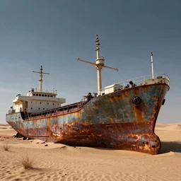 the rusted carcass of an ancient cargo ship in a desert, detailed futuristic by kim jung gi