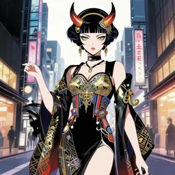 anime drawing of a beautiful giesha demon, innovative avant - garde art, deco fashion, highly detailed, japanese city setting, crisp quality and light reflections, pixiv