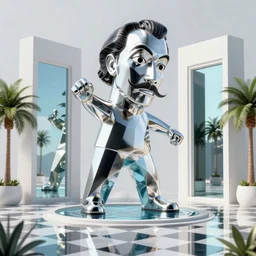 hyperrealistic geometric objects in a surreal minimalistic 8 0's dreamscape environment by salvador dali, enormous chrome man, highly detailed, 3 d render, octane, beautiful lighting, photorealistic, intricate, elegant, wayne barlowe, water, mirrors, doorway, beautiful, masterpiece, trending on artstation, artgerm, checkered floor, palm tree