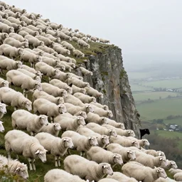 thousands of white sheep falling from a cliff and one black sheep going against the crowd