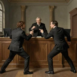 three clones of Alex Jones of InfoWars fighting in a courtroom, renaissance painting, extremely detailed